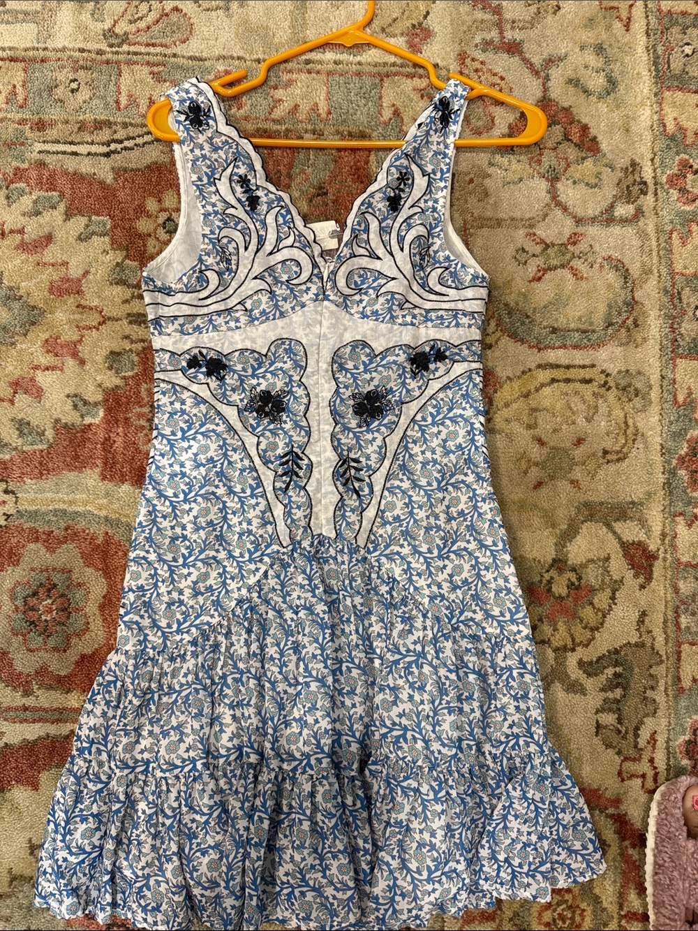Anthropologie Blue and White Paisley Tiered V-Neck Mini Dress - Picture 3 of 3